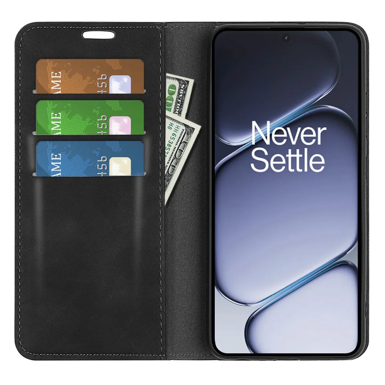Étui portefeuille noir avec téléphone, cartes et billets.