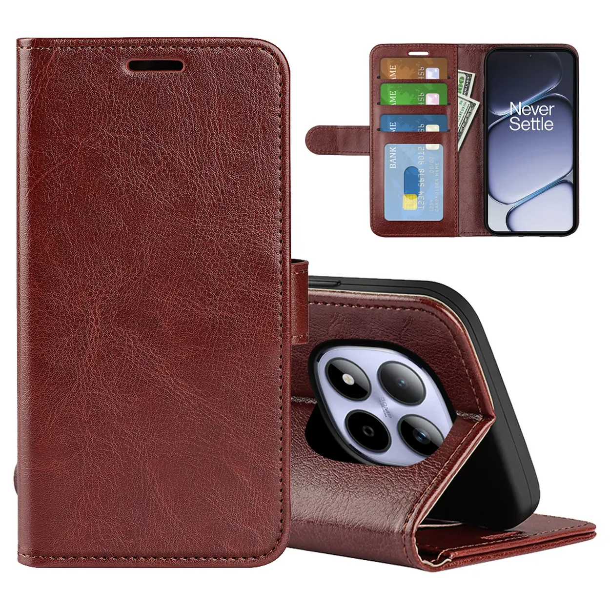 Étui de téléphone en cuir marron avec fentes pour cartes et un smartphone.