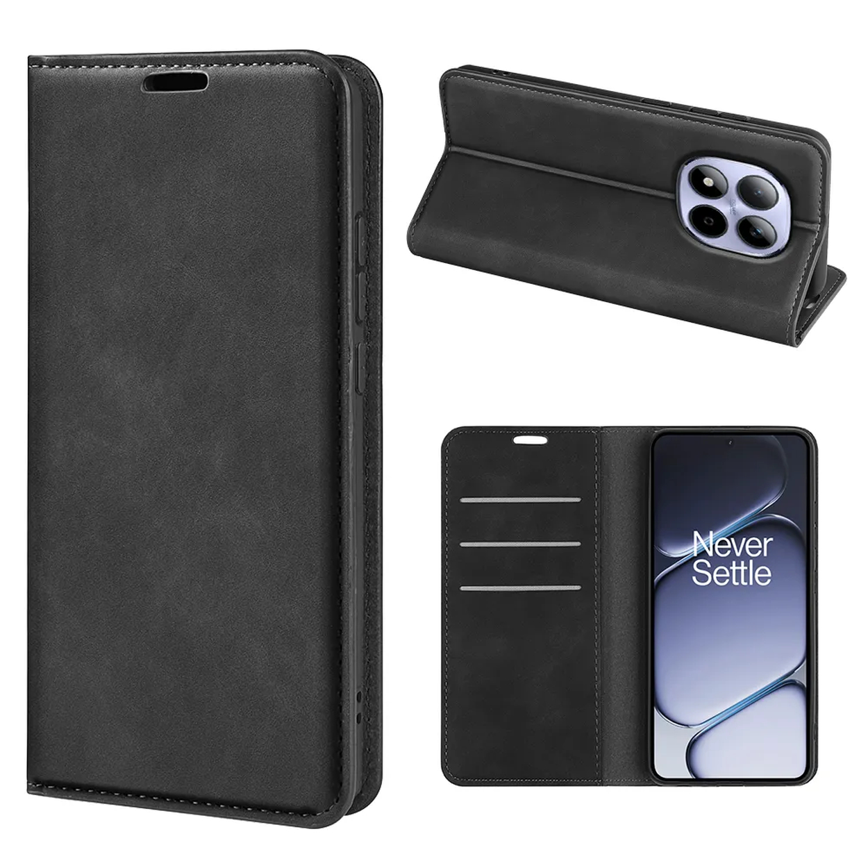 Étui à rabat en cuir noir pour smartphone, vues avant, latérale et arrière.