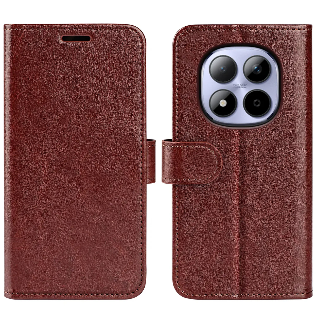 Coque de téléphone en cuir marron avec fermeture à rabat et découpe caméra.