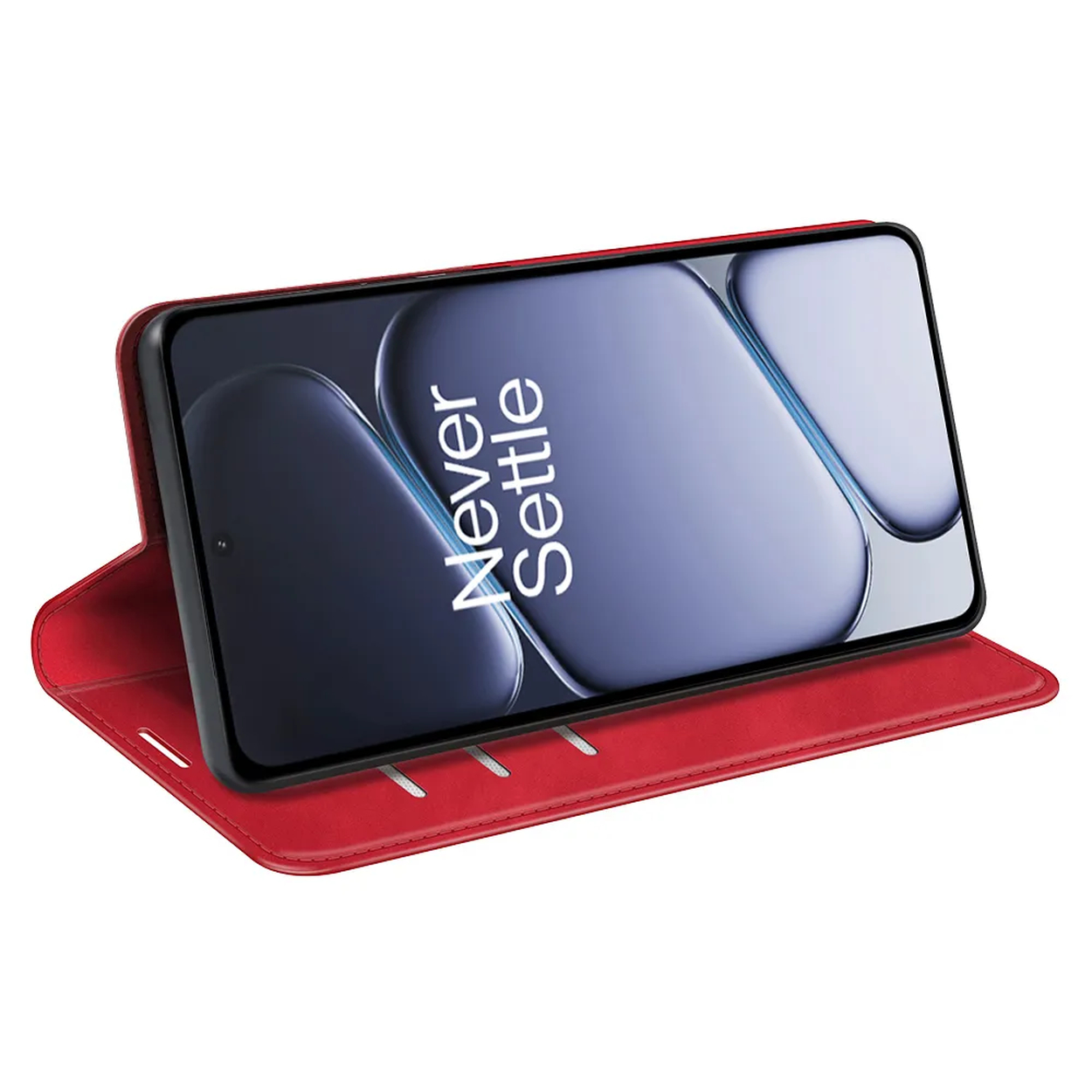 Rode smartphonehoes met open klep en telefoon display.