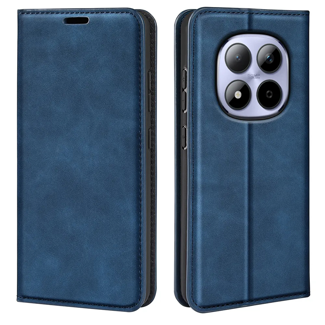 Étui portefeuille bleu pour téléphone avec découpe caméra et coutures.