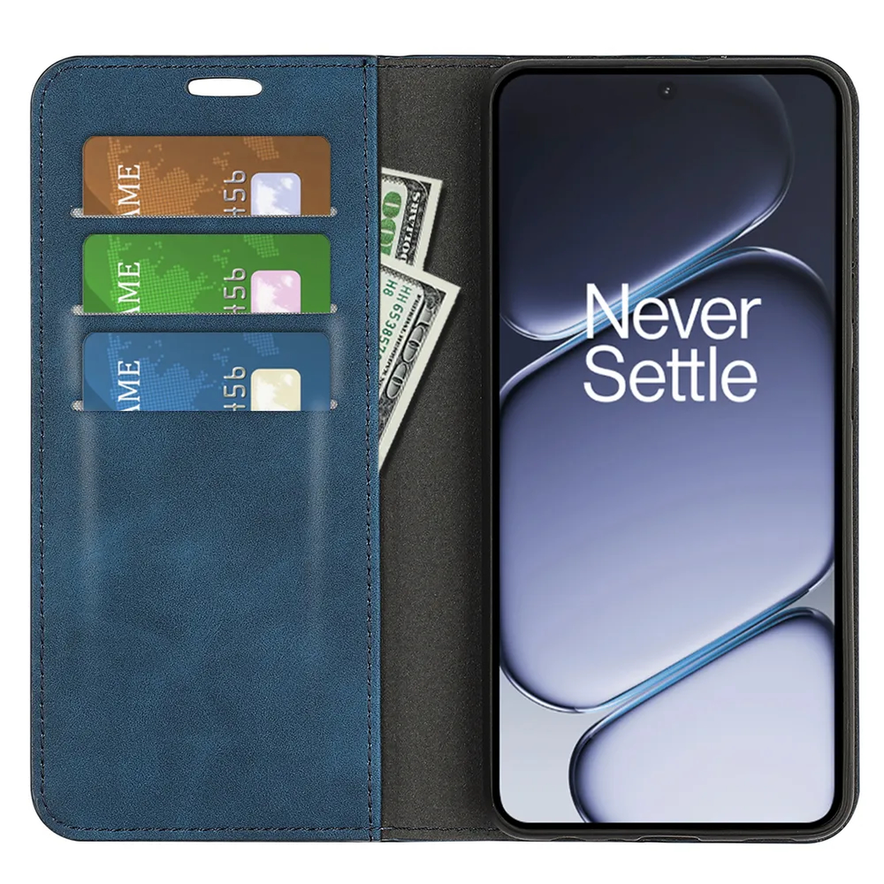 Étui bleu pour téléphone avec fentes pour cartes et billets, smartphone affiche « Never Settle ».