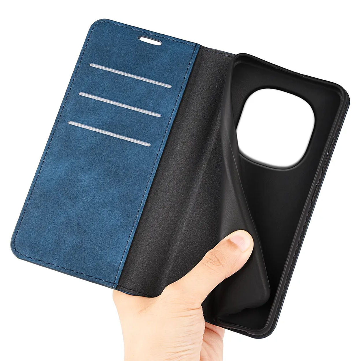 Étui de téléphone bleu avec fentes pour cartes et intérieur noir.