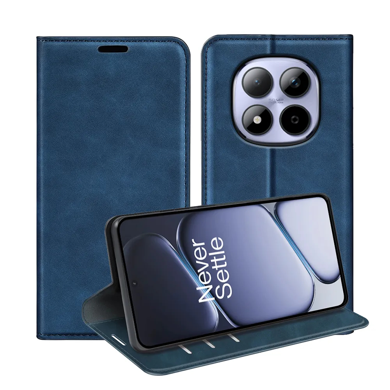 Étui à rabat bleu pour téléphone avec un téléphone sur son support.