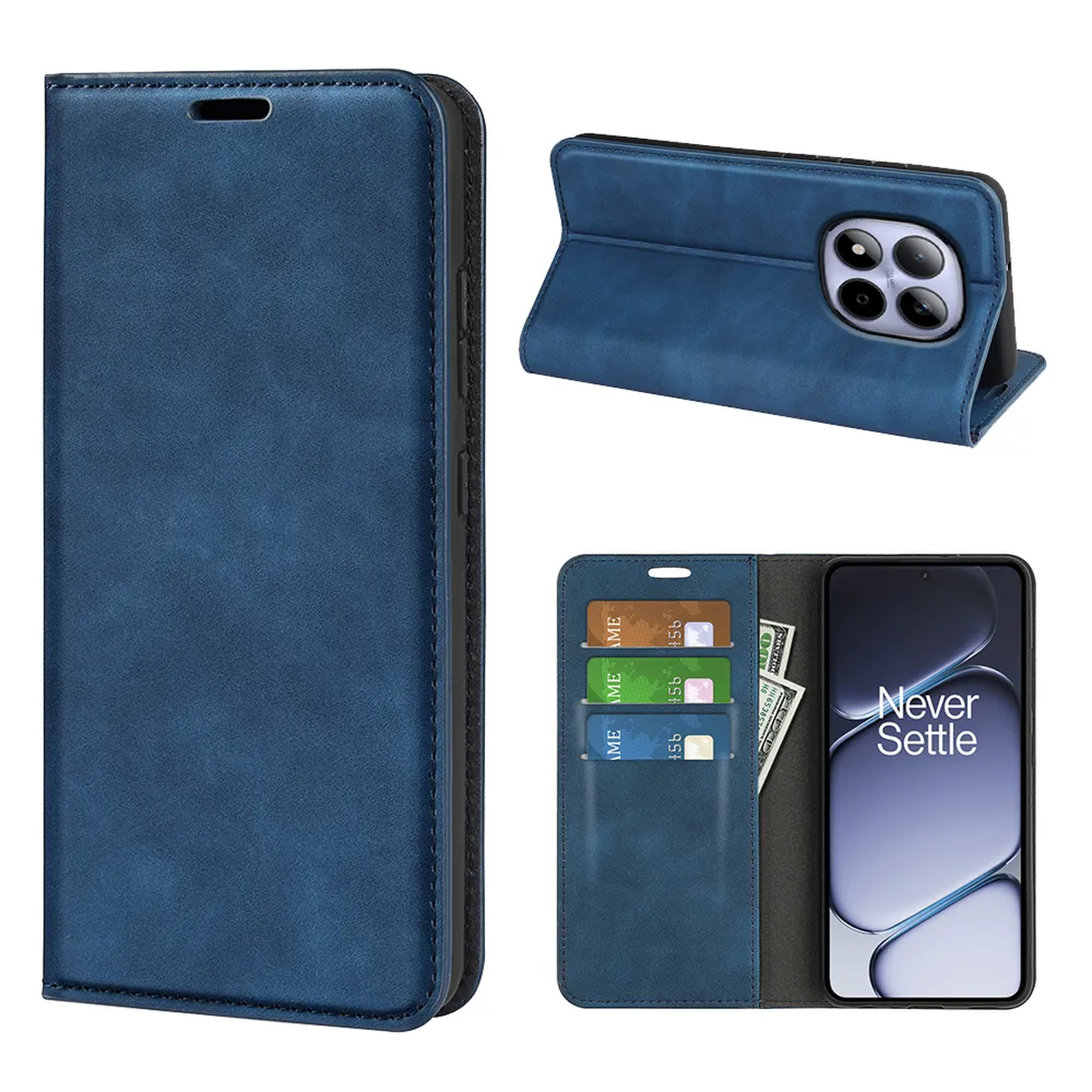 Étui bleu en cuir pour téléphone avec fentes pour cartes et téléphone.