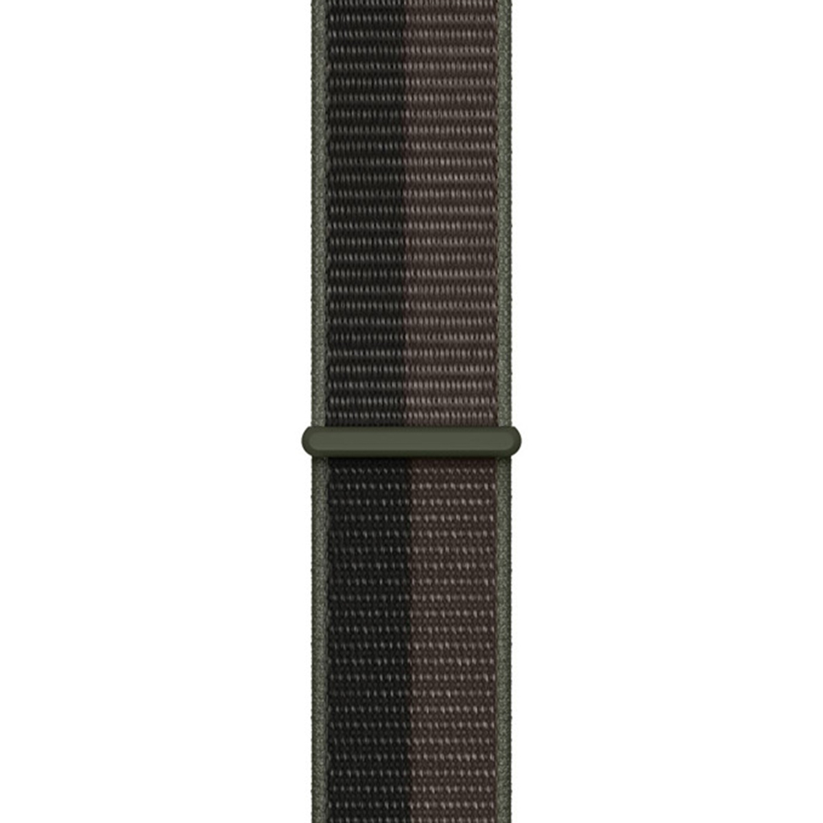 Donkergrijs stoffen horlogeband met camouflagepatroon en groene lus.