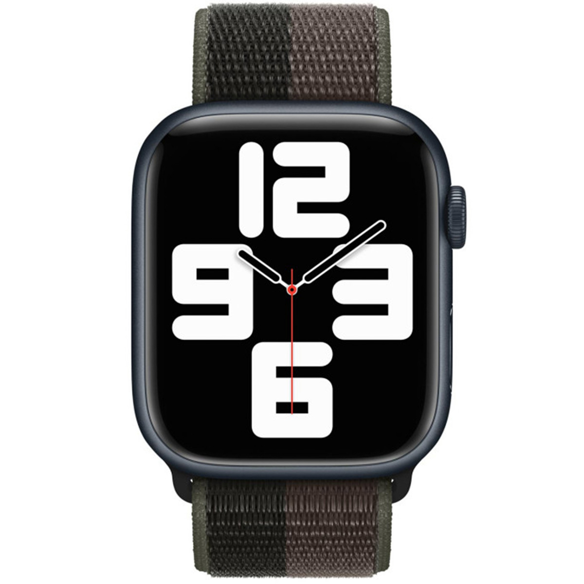 Donkergrijs sporthorloge met camouflage band en digitaal scherm.