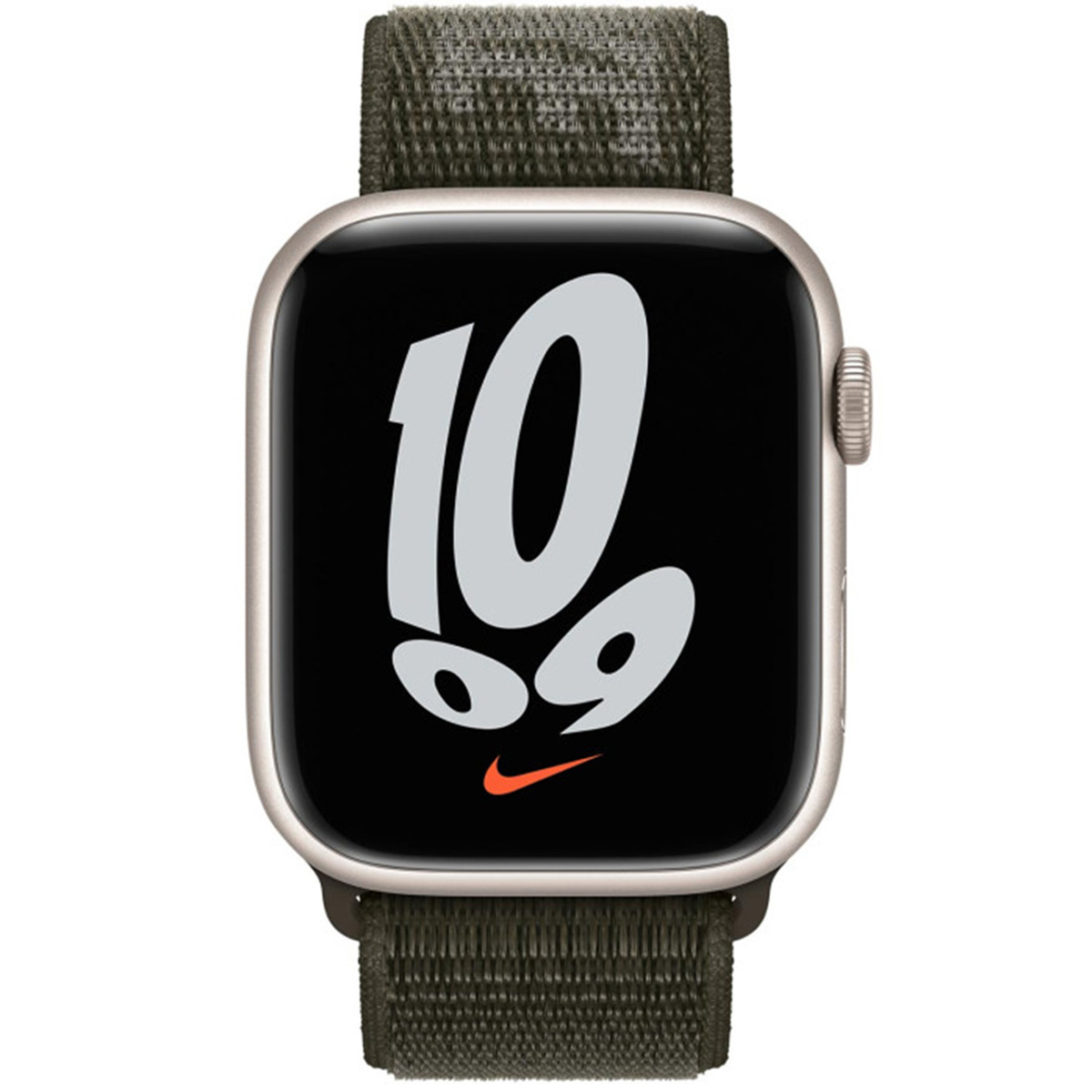 Une Apple Watch dorée avec bracelet sombre affiche 10:09.