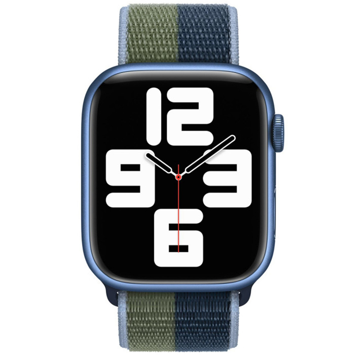 A blue smartwatch with a striped band and a digital time display.