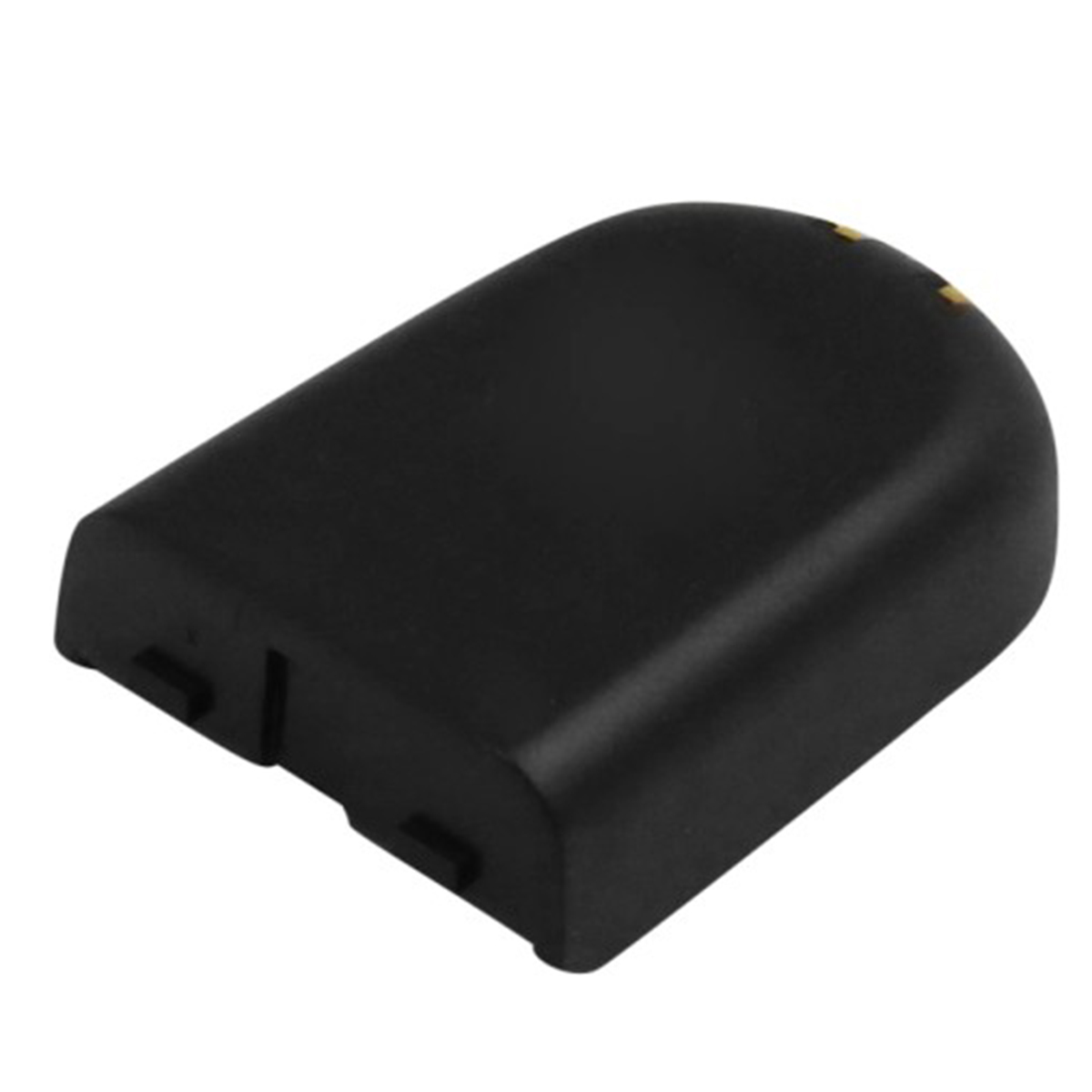 Batteria nera con angoli arrotondati e contatti metallici in alto.