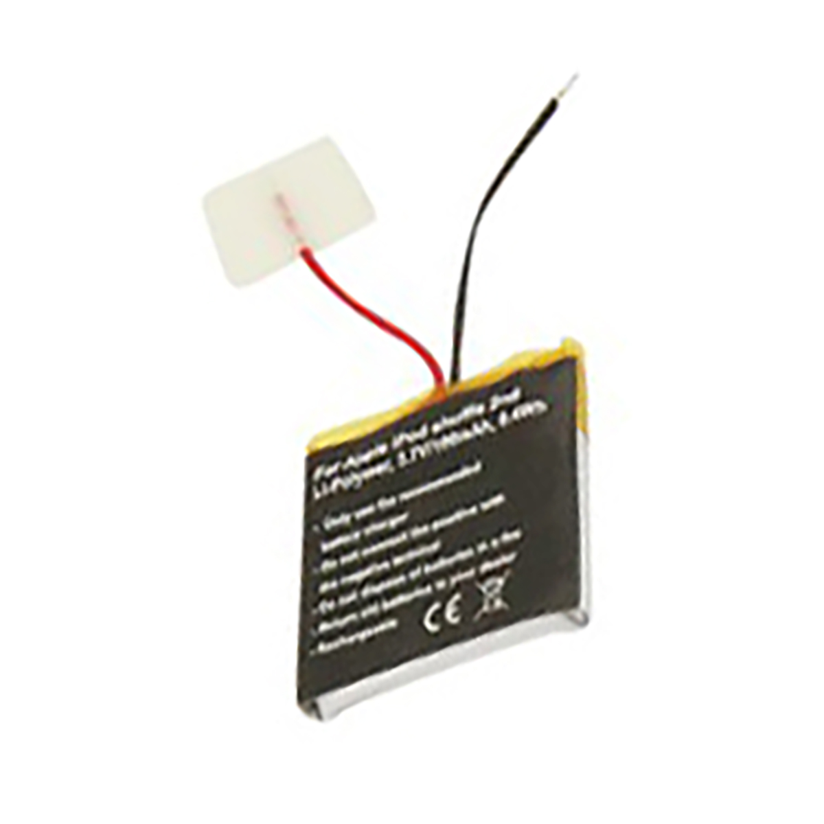 Una piccola batteria ai polimeri di litio con fili rosso e nero.