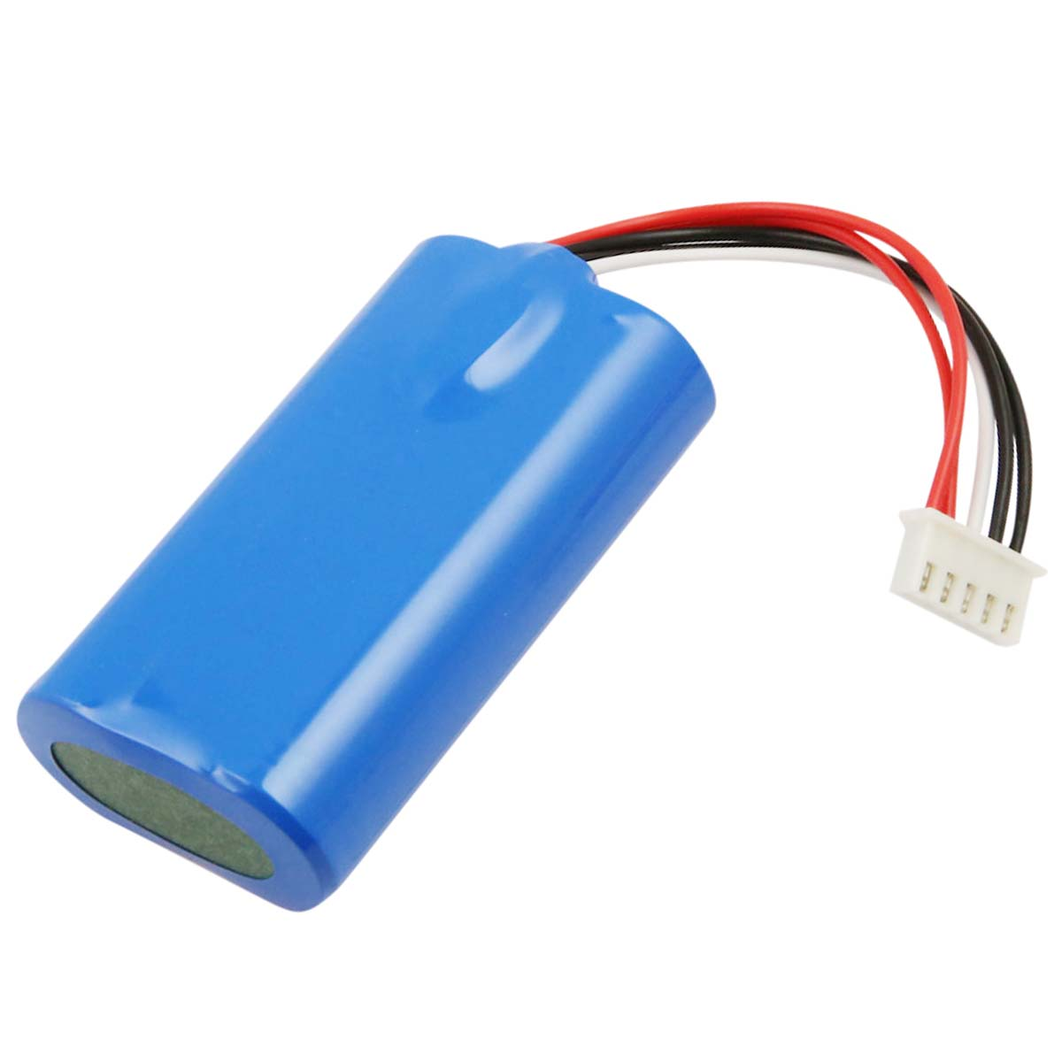 Una batería azul con cuatro cables: rojo, negro, blanco y negro.