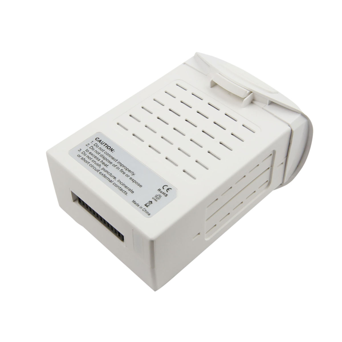 Un pacco batteria bianco con fessure di ventilazione ed etichette di avvertenza.