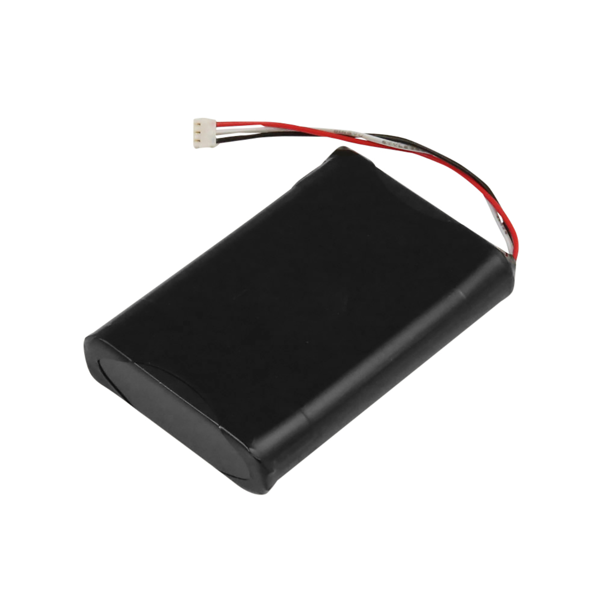 Batteria nera con cavo rosso, bianco e nero, connettore bianco.