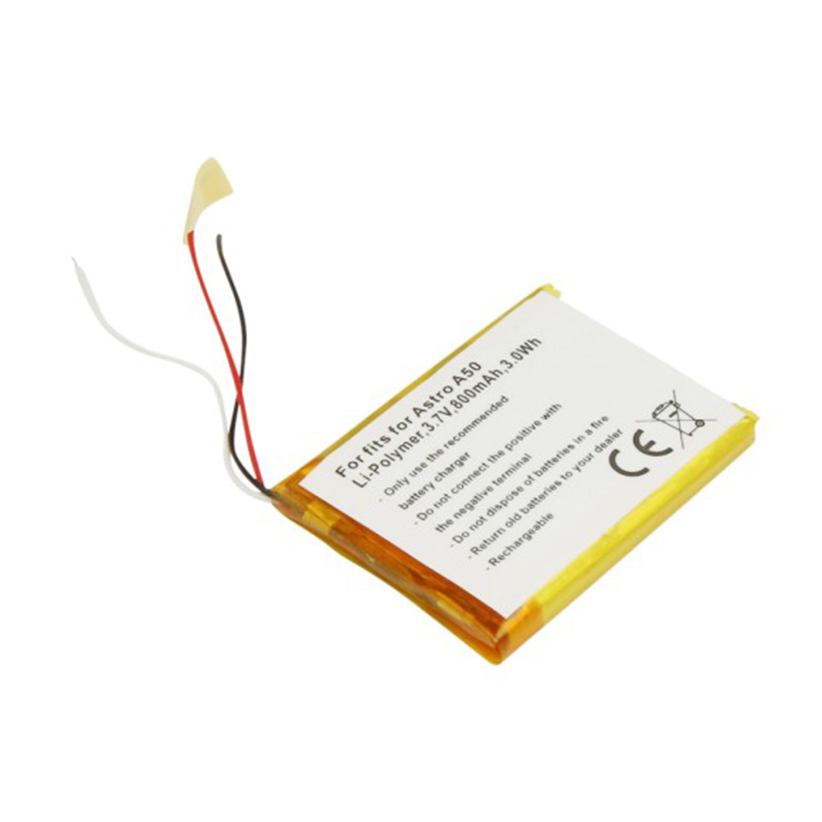 Batería Li-Polymer Astro A50, 3,7V, 800mAh, con cables rojo y negro.