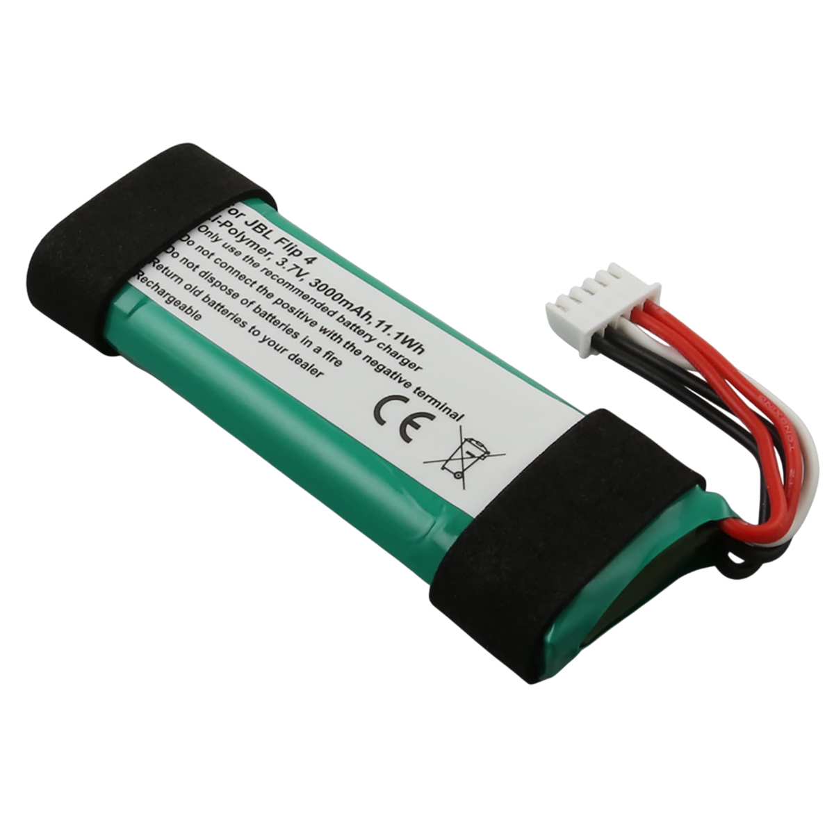 Batteria verde JBL Flip 4 da 3000mAh, 11.1Wh, con fili.