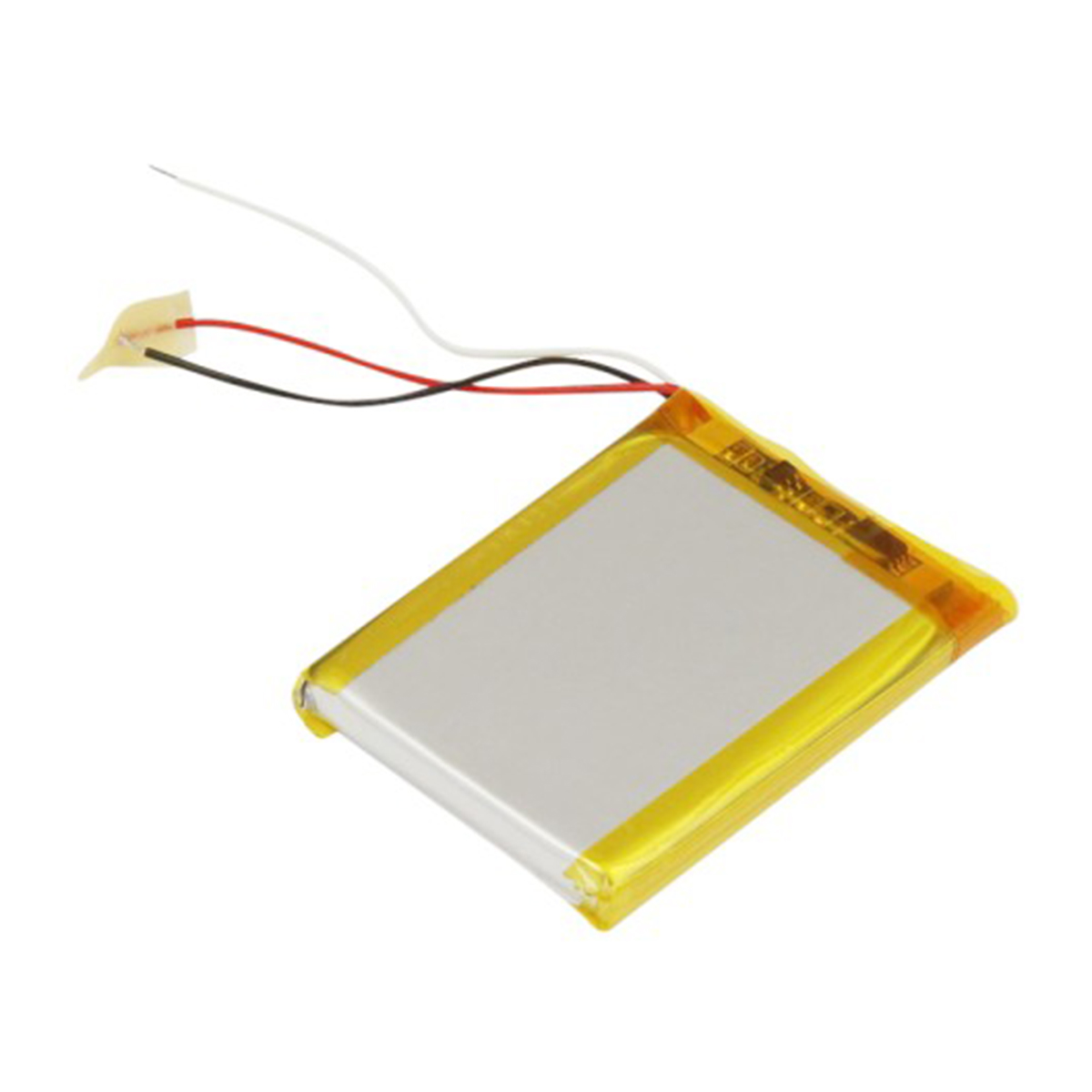 Una batería rectangular de iones de litio con carcasa amarilla y cables.