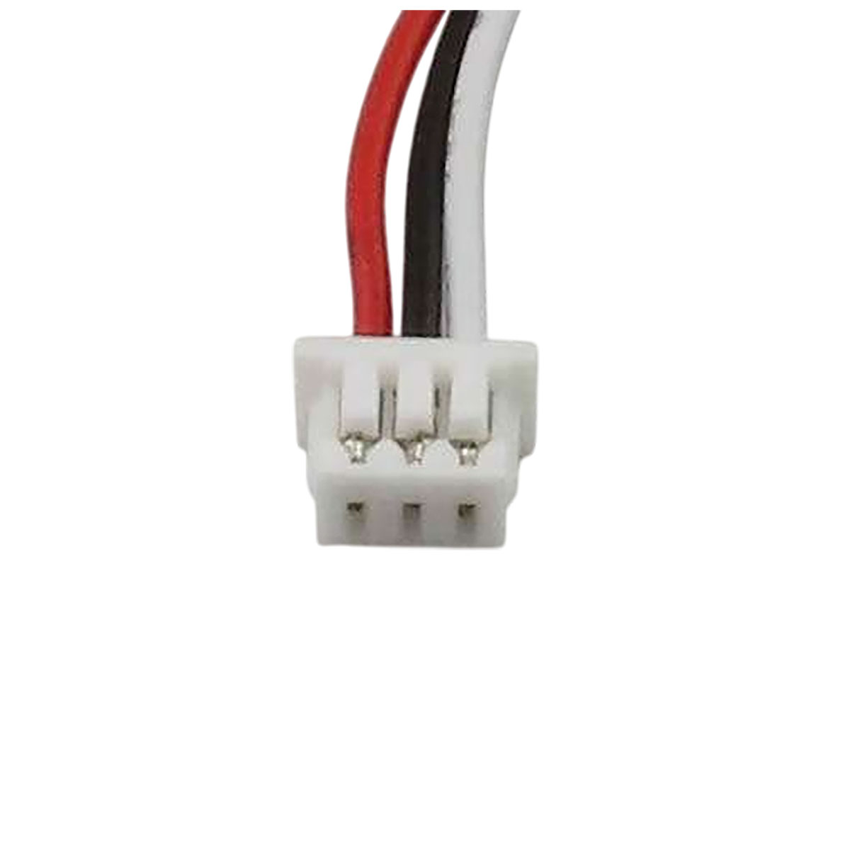 Un connettore bianco con tre fili: rosso, nero e bianco.