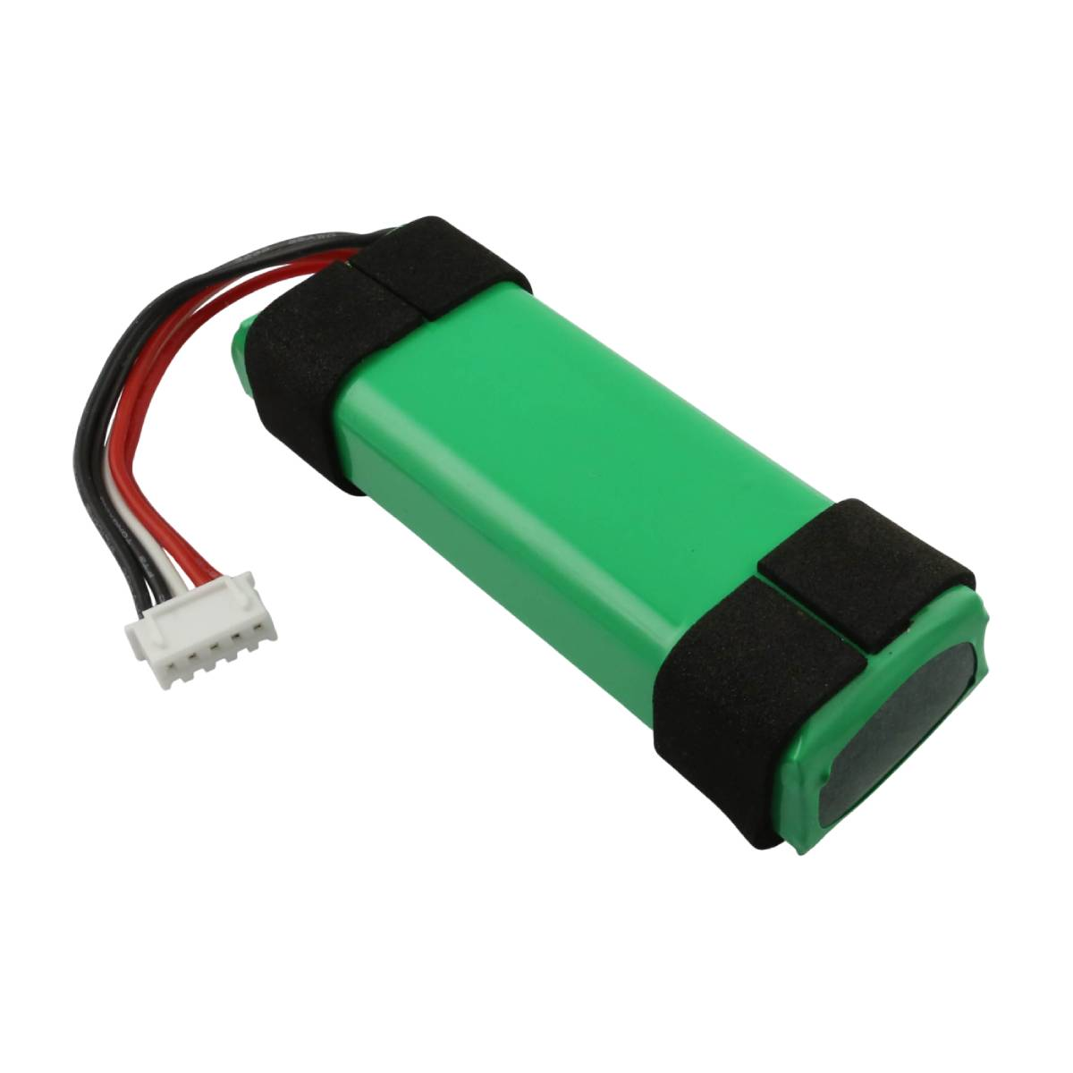 Batteria verde con connettore e cavi neri, isolata su sfondo bianco.