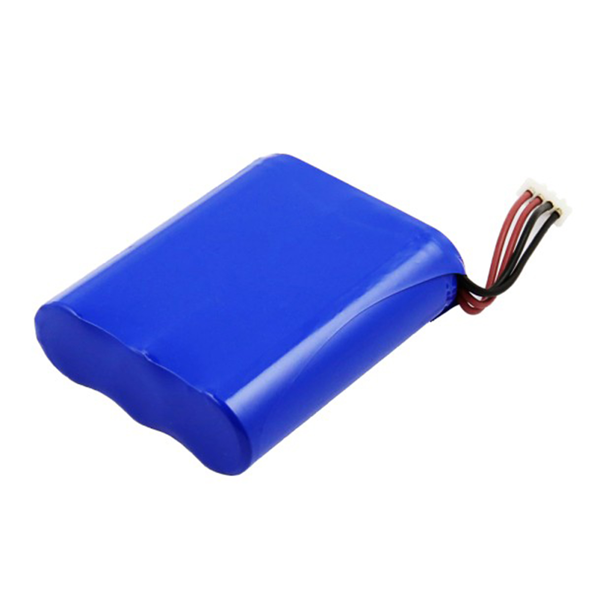 Batteria blu con quattro fili: uno nero, uno rosso e uno bianco.