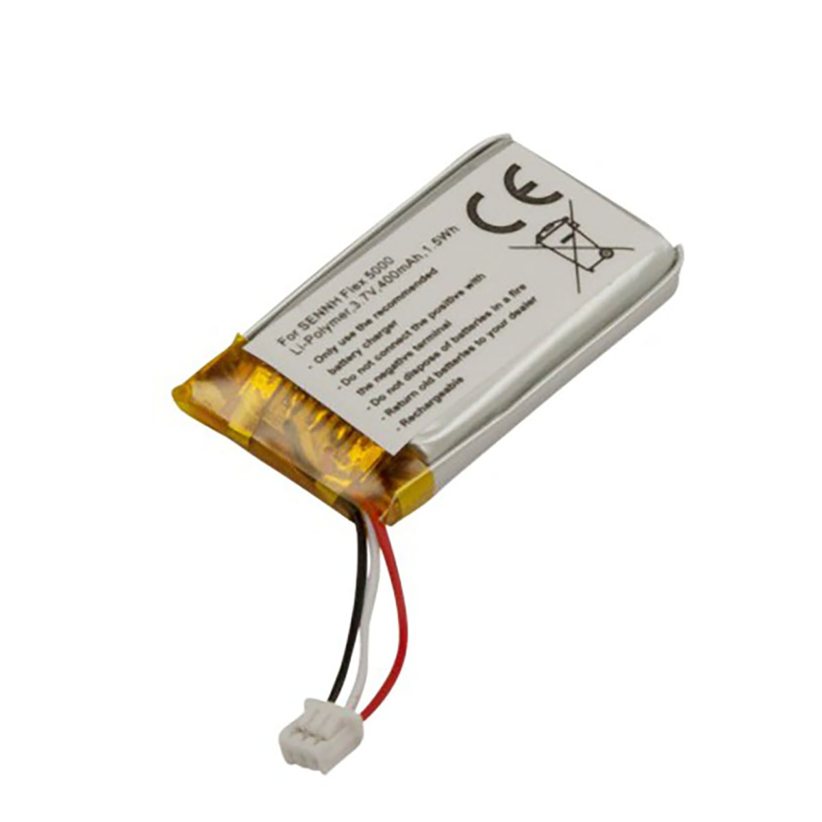 Una batteria Li-Polimero, 3,7V 400mAh, con cavi e marchio CE.