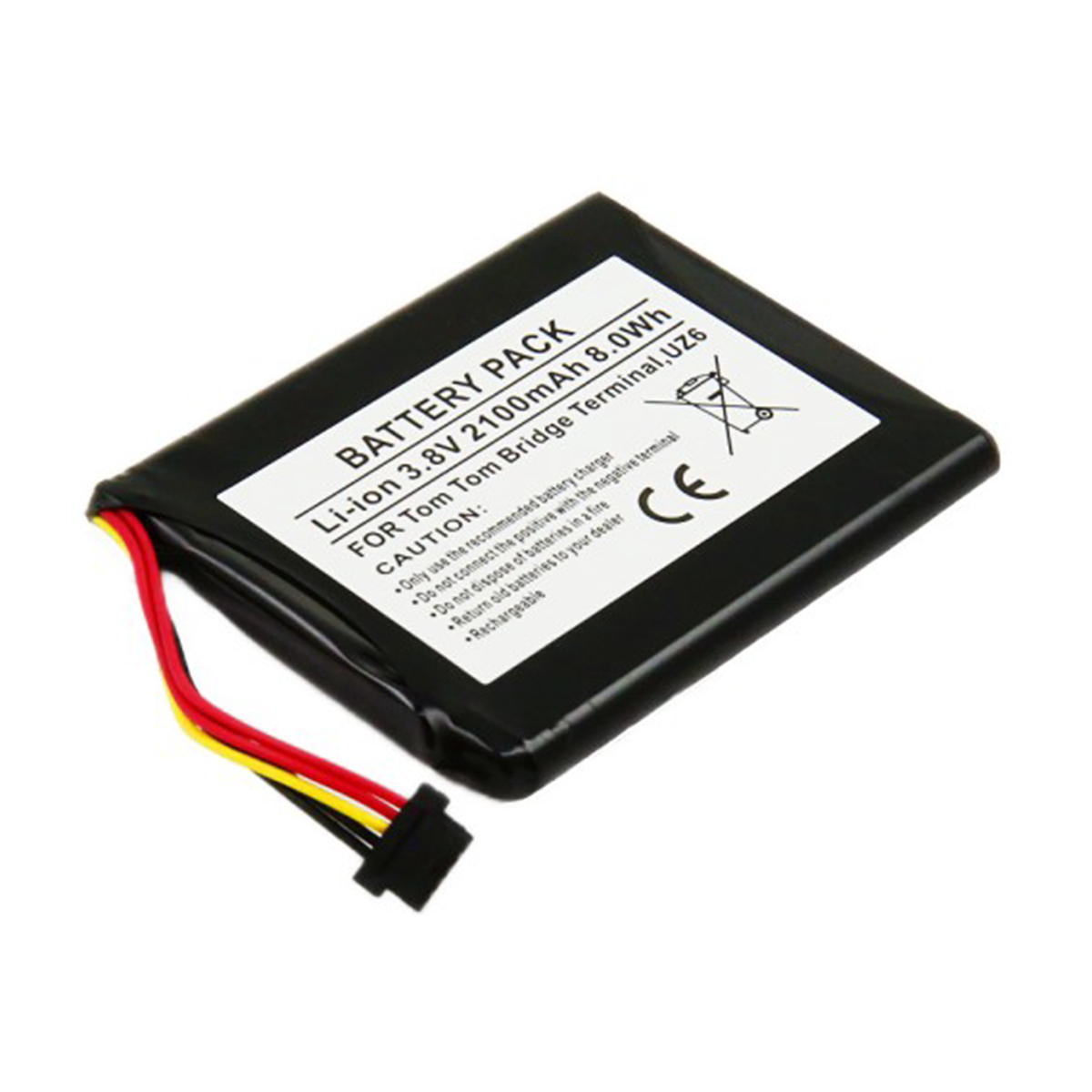 Un pacco batteria nero con etichetta bianca, 3.8V 2100mAh, per Tom Tom Bridge.