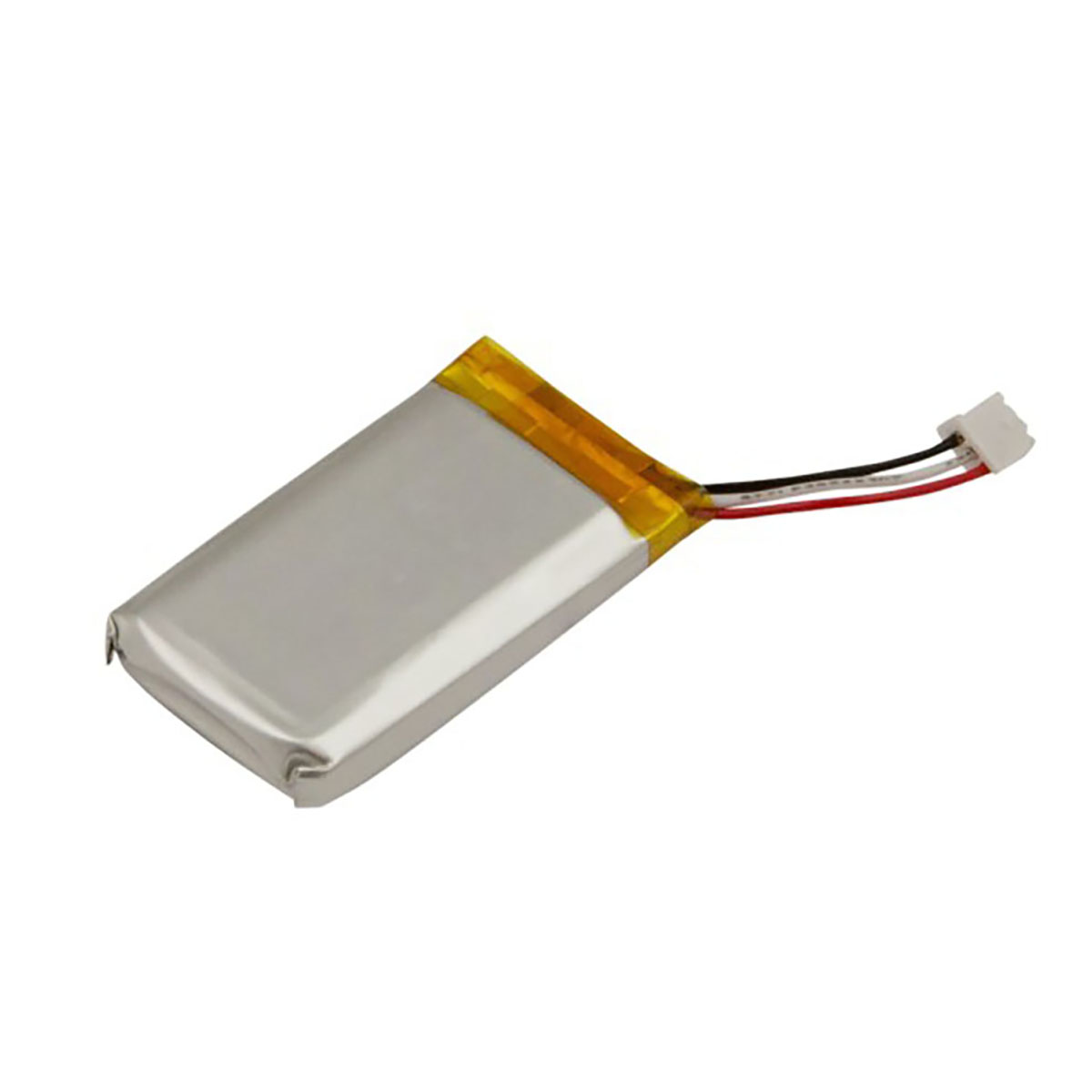 Una batteria piatta ai polimeri di litio con tre fili e un connettore bianco.