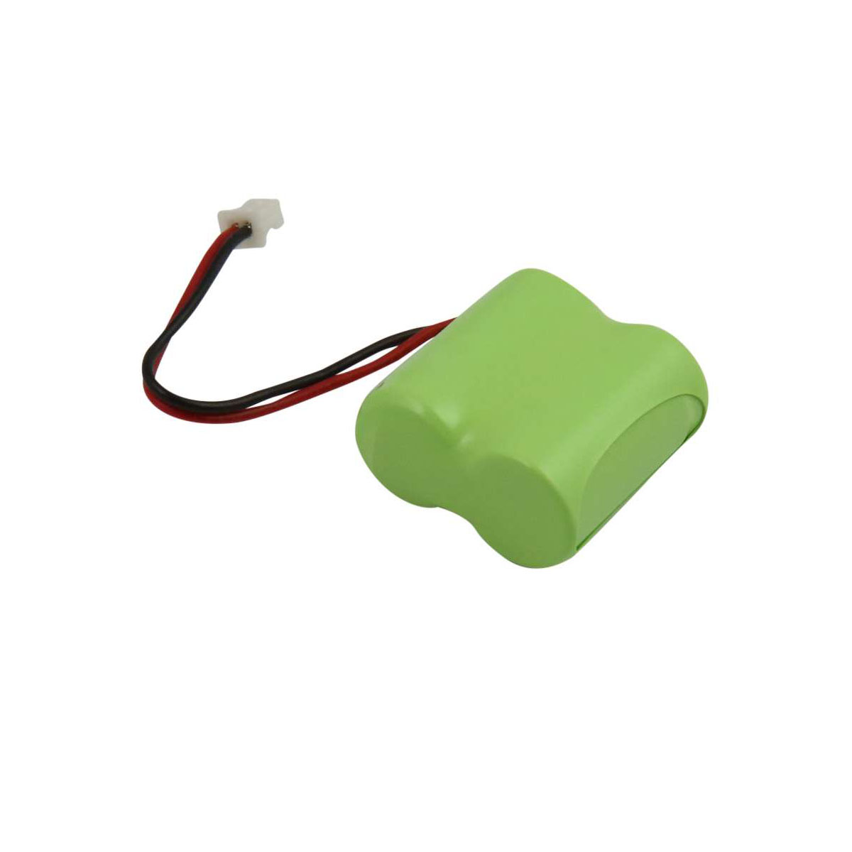 Pacco batteria verde con due fili e connettore bianco, isolato su bianco.