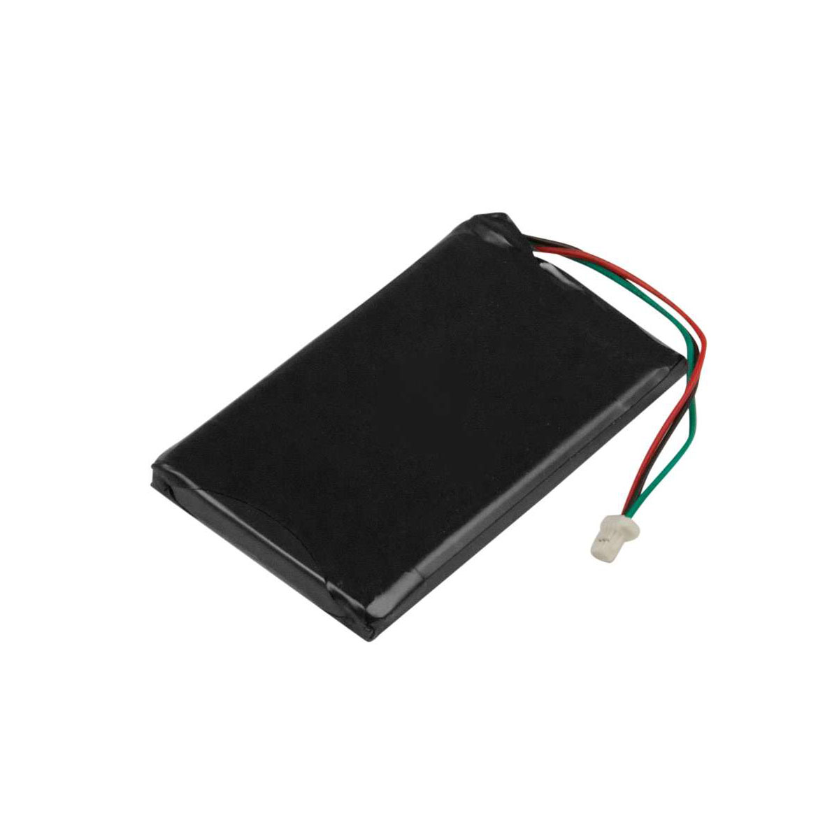 Batteria nera con fili rosso, verde e nero e un connettore bianco.