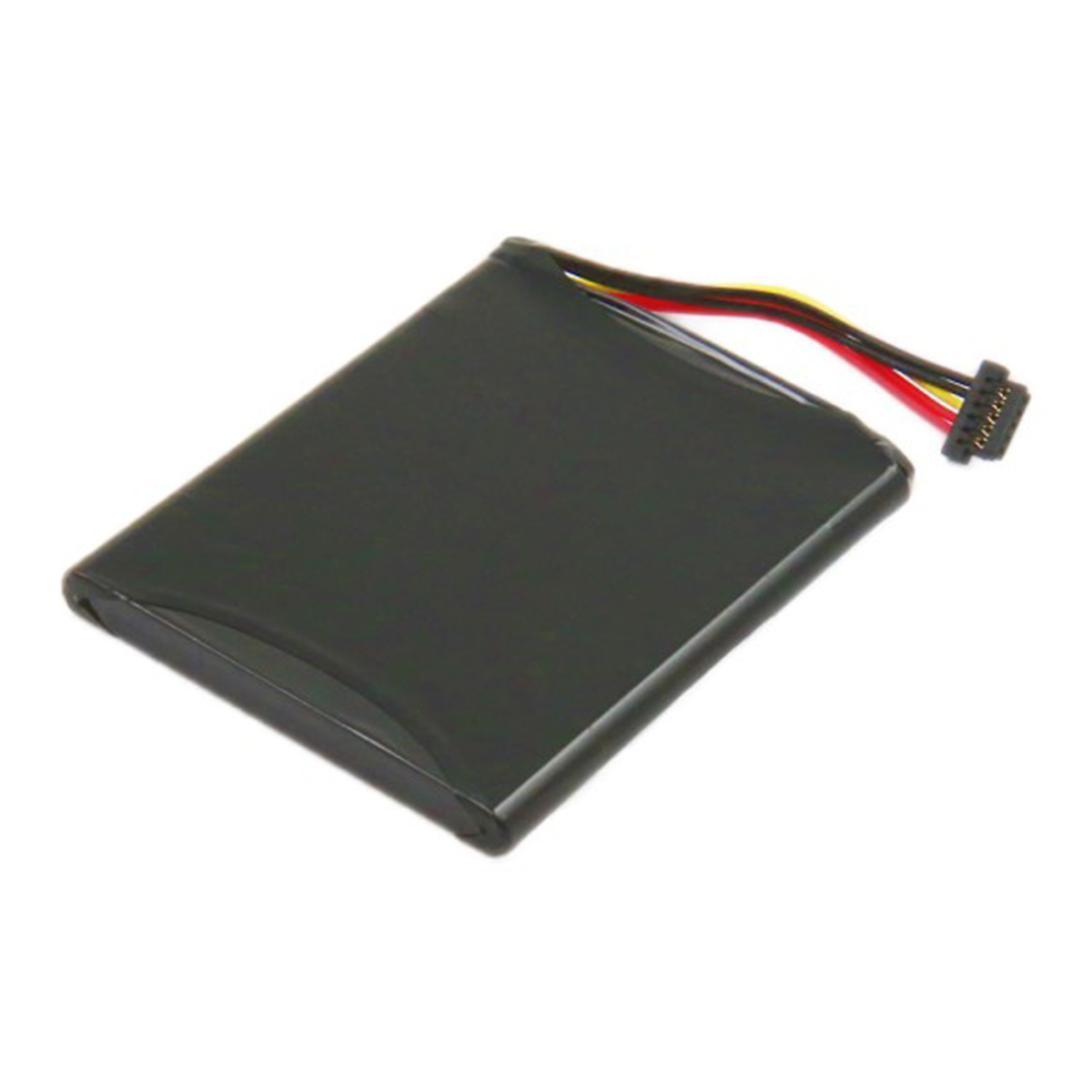 Batteria nera con cavo e connettore colorati su sfondo bianco.