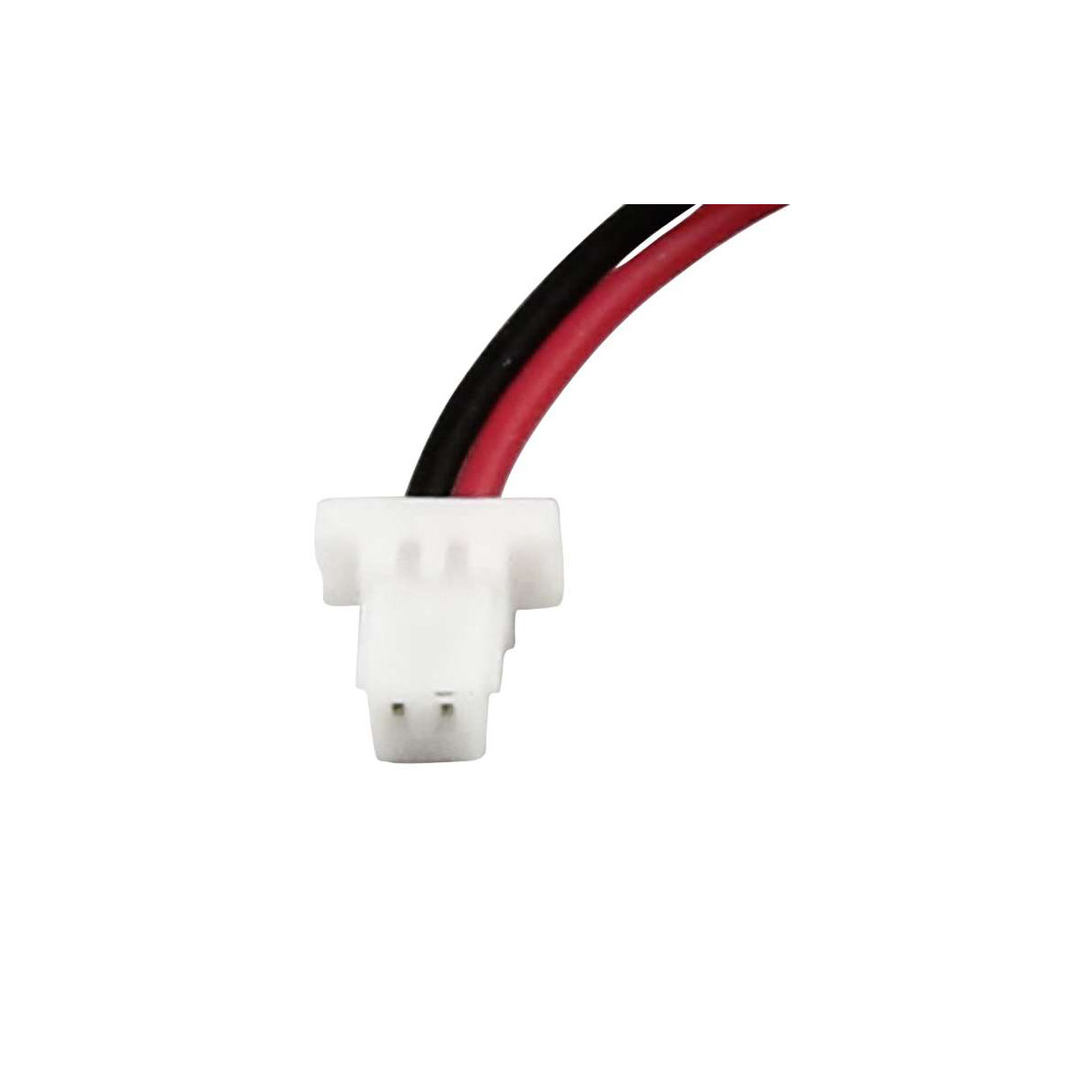 Un conector blanco con cables negro y rojo.