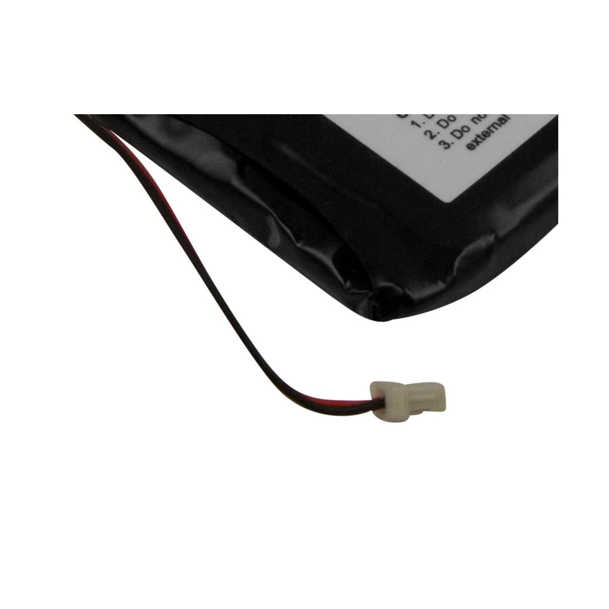 Pacco batteria nero con filo e connettore bianco.