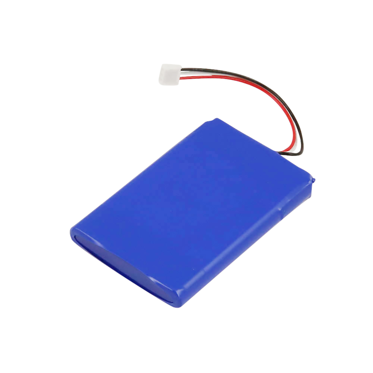 Un pacco batteria blu con connettore bianco e tre fili (nero, rosso, bianco).