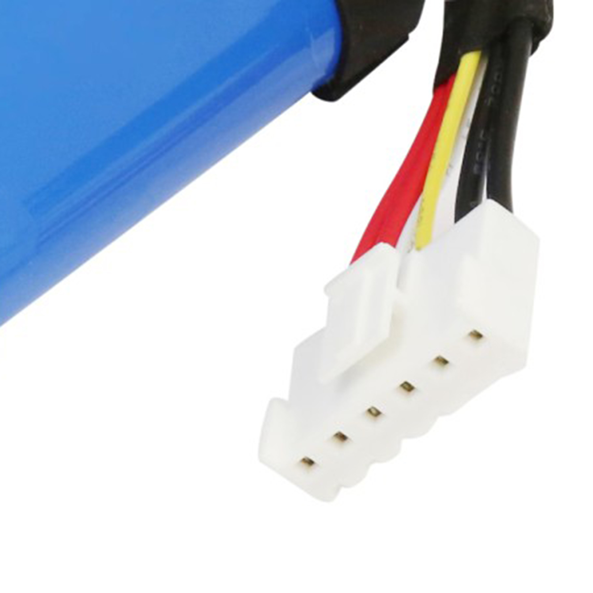 Un pacco batteria blu con connettore bianco e cavi rosso, giallo e nero.