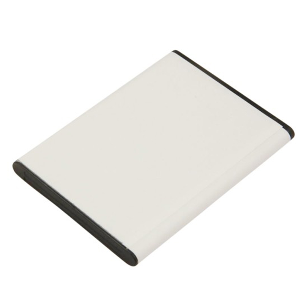 Una batteria rettangolare bianca con bordo nero.