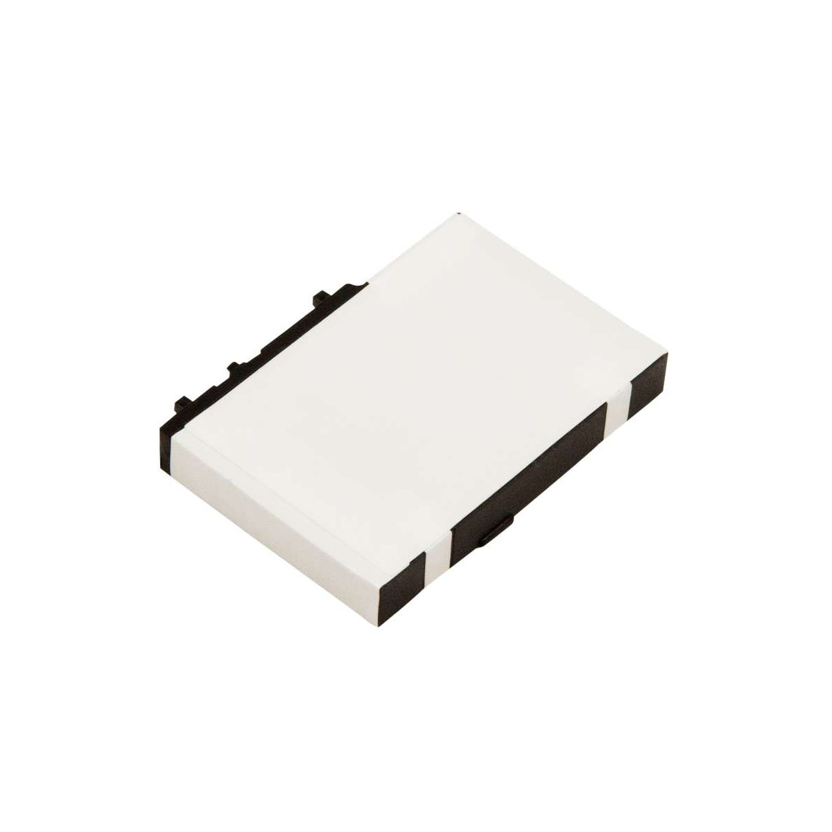 Un objeto rectangular blanco con rayas negras y conectores.