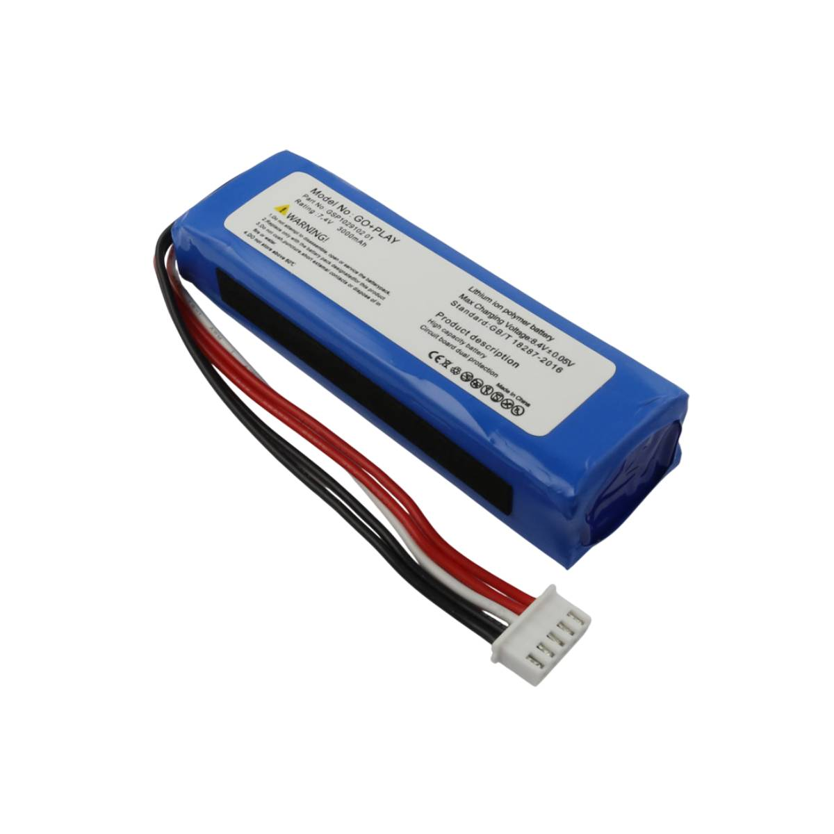 Batteria blu ai polimeri di litio con cavi e connettore. Modello GO+PLAY.