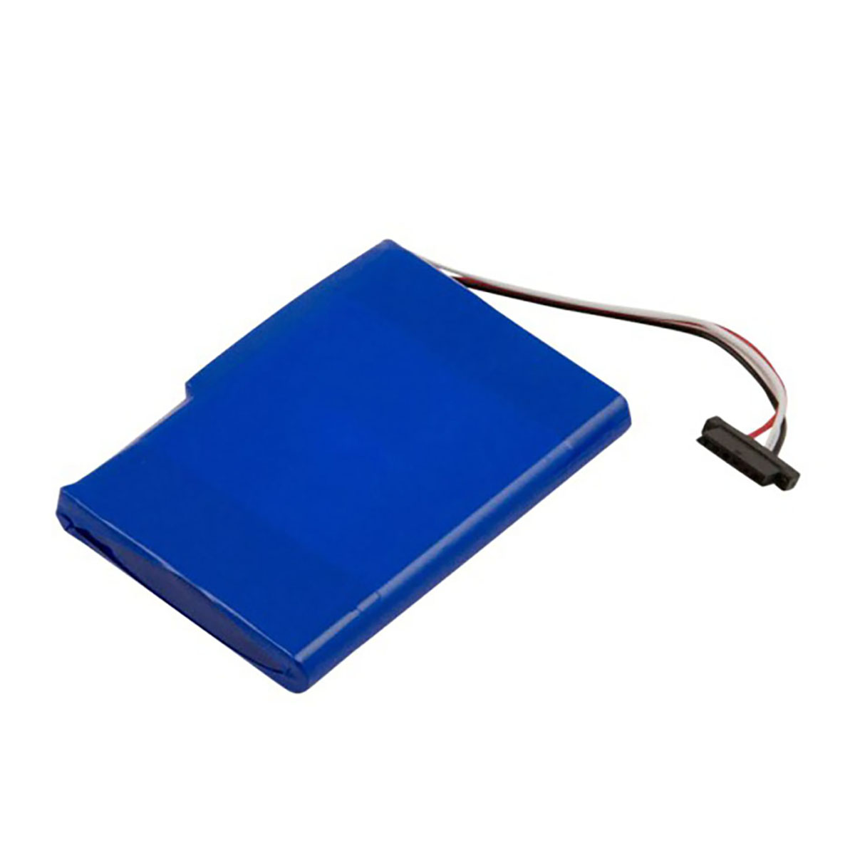 Pacco batteria blu con cavi e connettore su sfondo bianco.