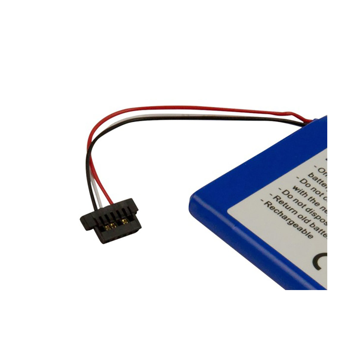 Batteria blu con cavi e connettore. Testo di avvertenza stampato.