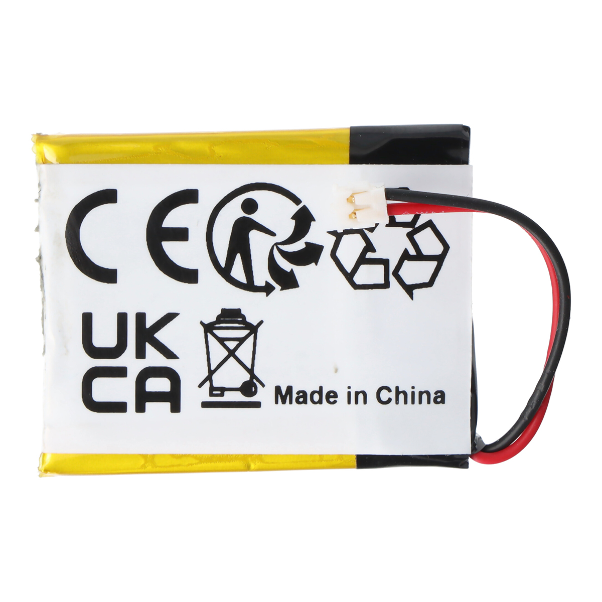 Una batería rectangular con borde amarillo, marcas CE y UKCA, Hecho en China.