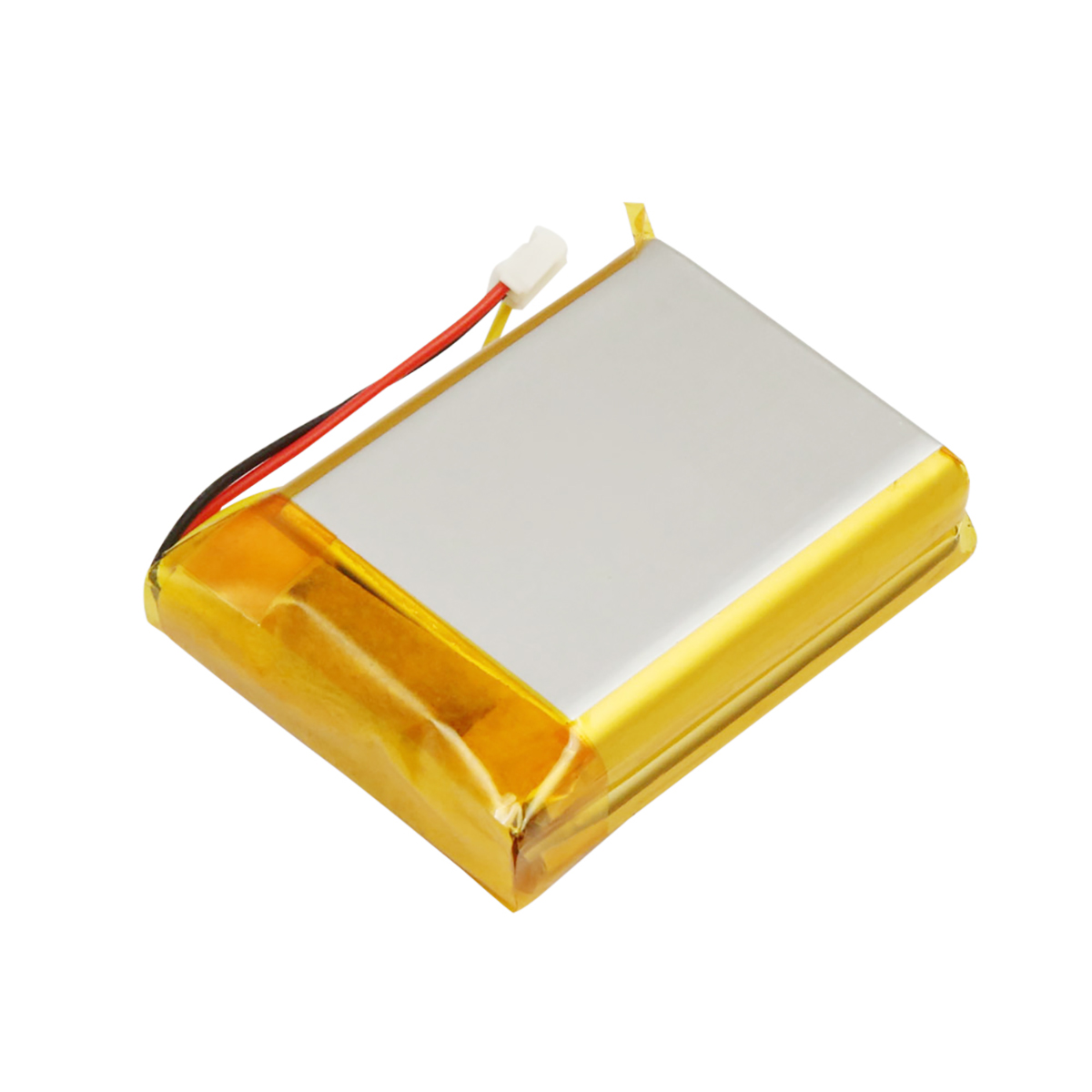 Una batteria piatta e rettangolare con parte superiore bianca e lati gialli.