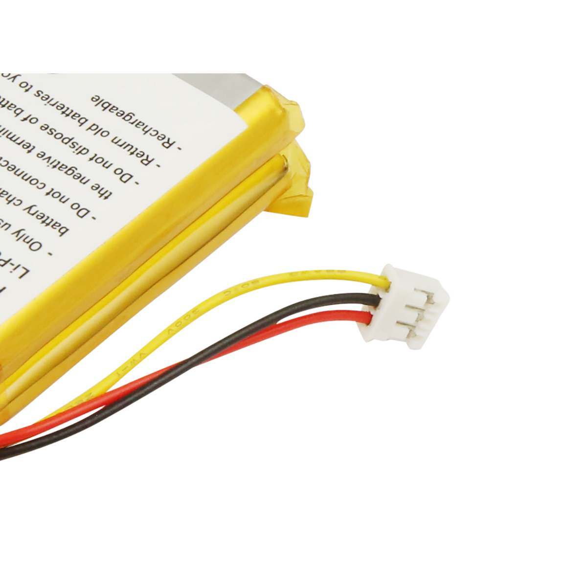 Una batteria ai polimeri di litio gialla con tre cavi (giallo, nero, rosso) e un connettore bianco.