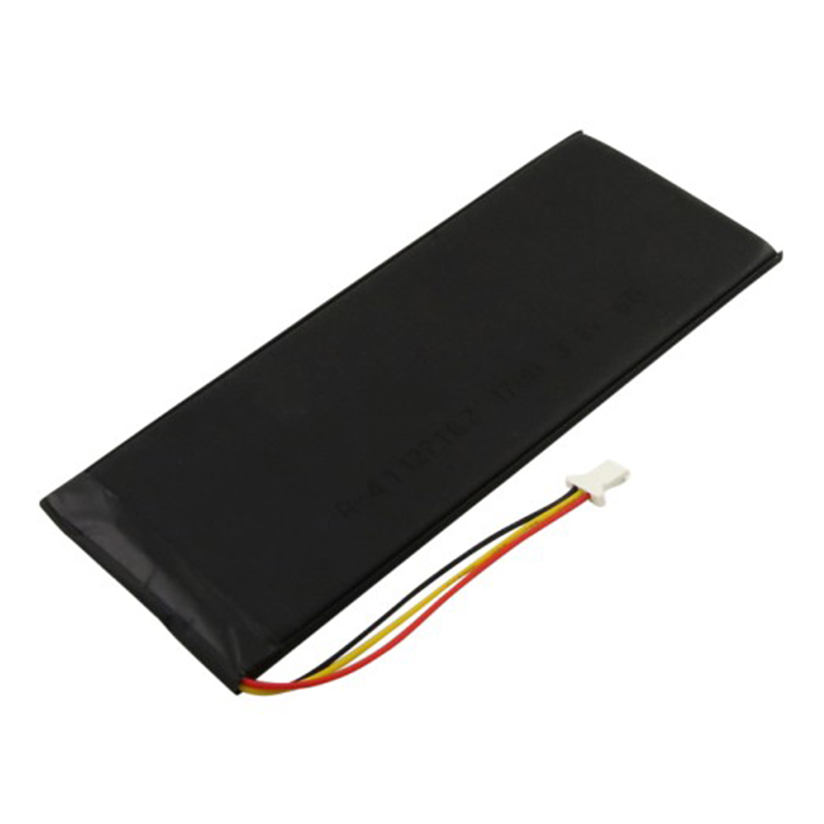 Batteria nera con tre cavi (rosso, giallo, nero) e connettore bianco.