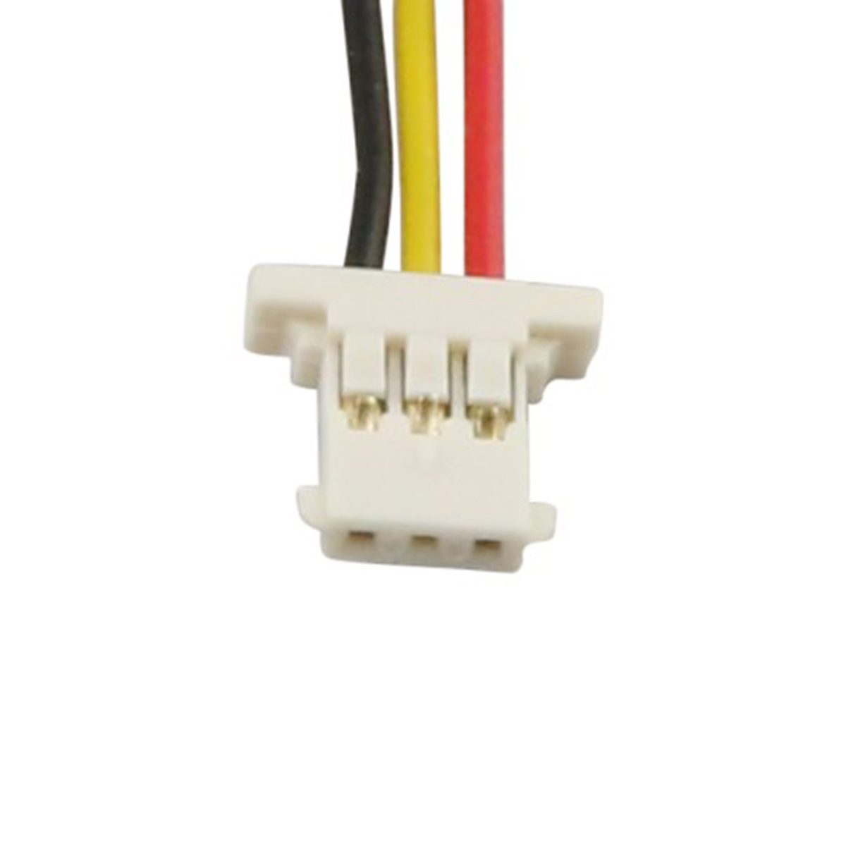 Un connettore bianco a 3 pin con cavi nero, giallo e rosso.