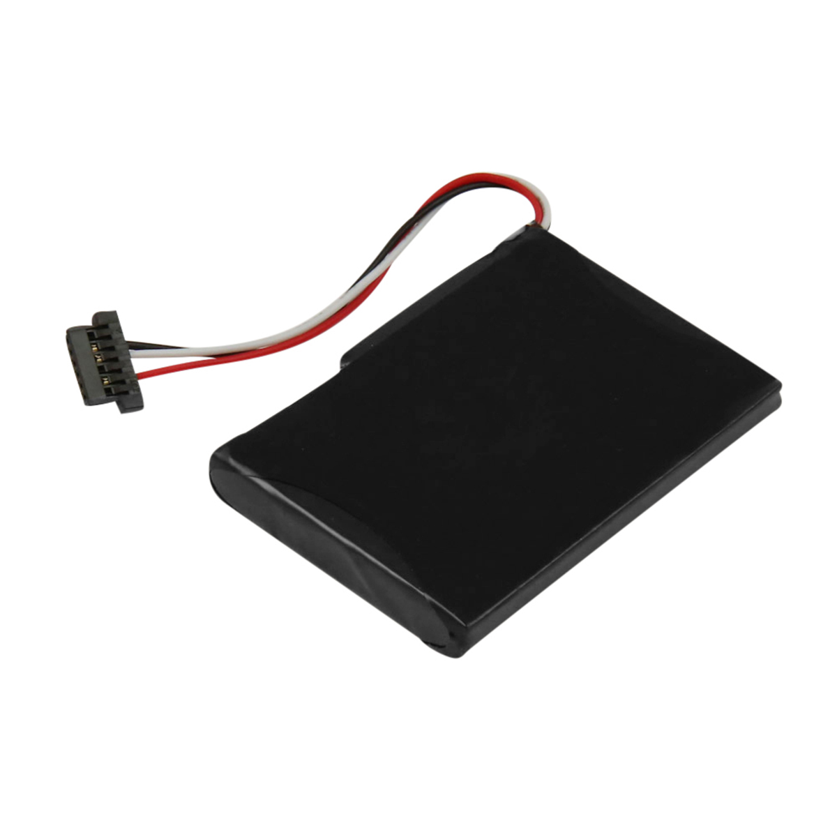 Batteria nera con fili bianco, rosso e nero e un connettore.