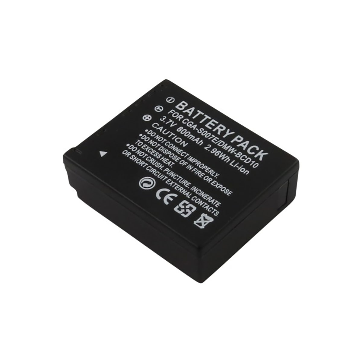 Batteria nera per fotocamera con testo e simboli di avvertenza. 3.7V.