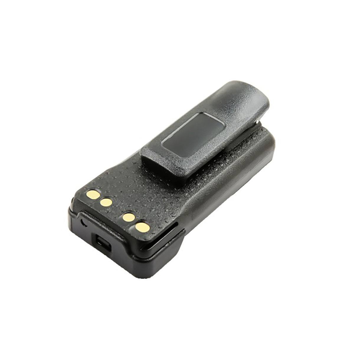 Batteria nera con clip e tre contatti dorati.
