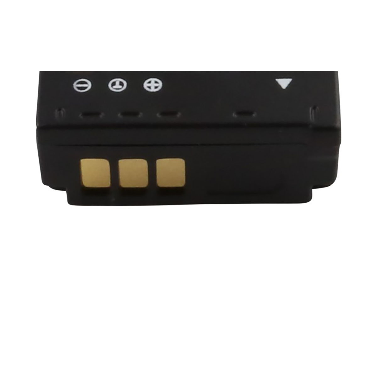 Pacco batteria nero con tre contatti dorati e simboli in alto.