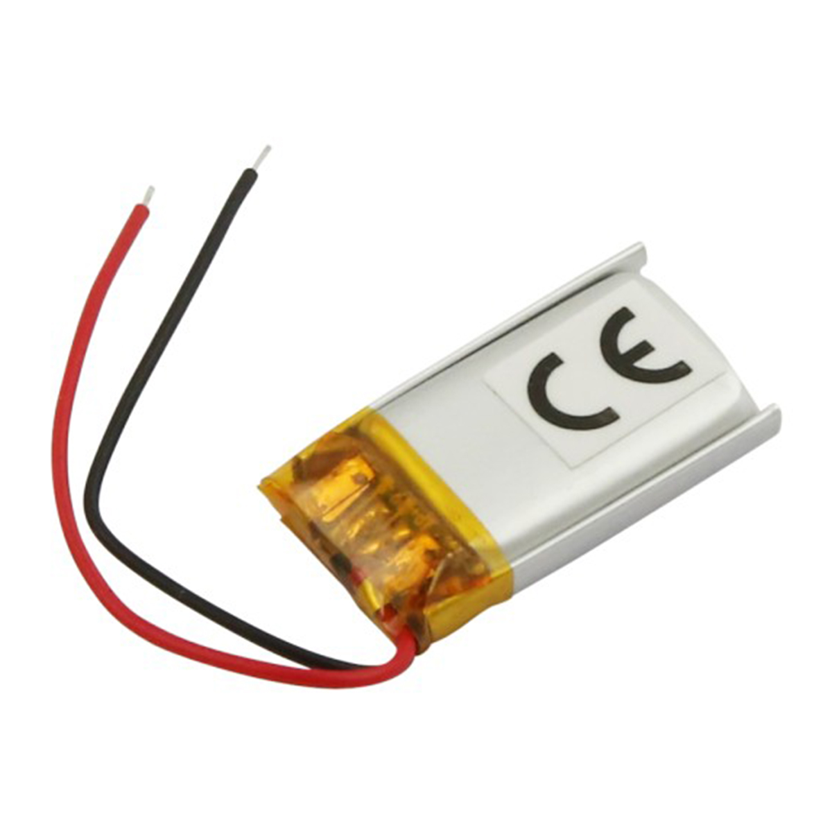 Piccola batteria al litio con cavi rosso e nero e marchio CE.